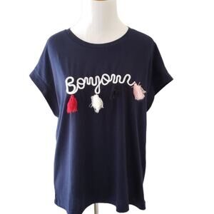 Shein Bonjour Navy Tee Tassels Soft Boxy Fit Medium